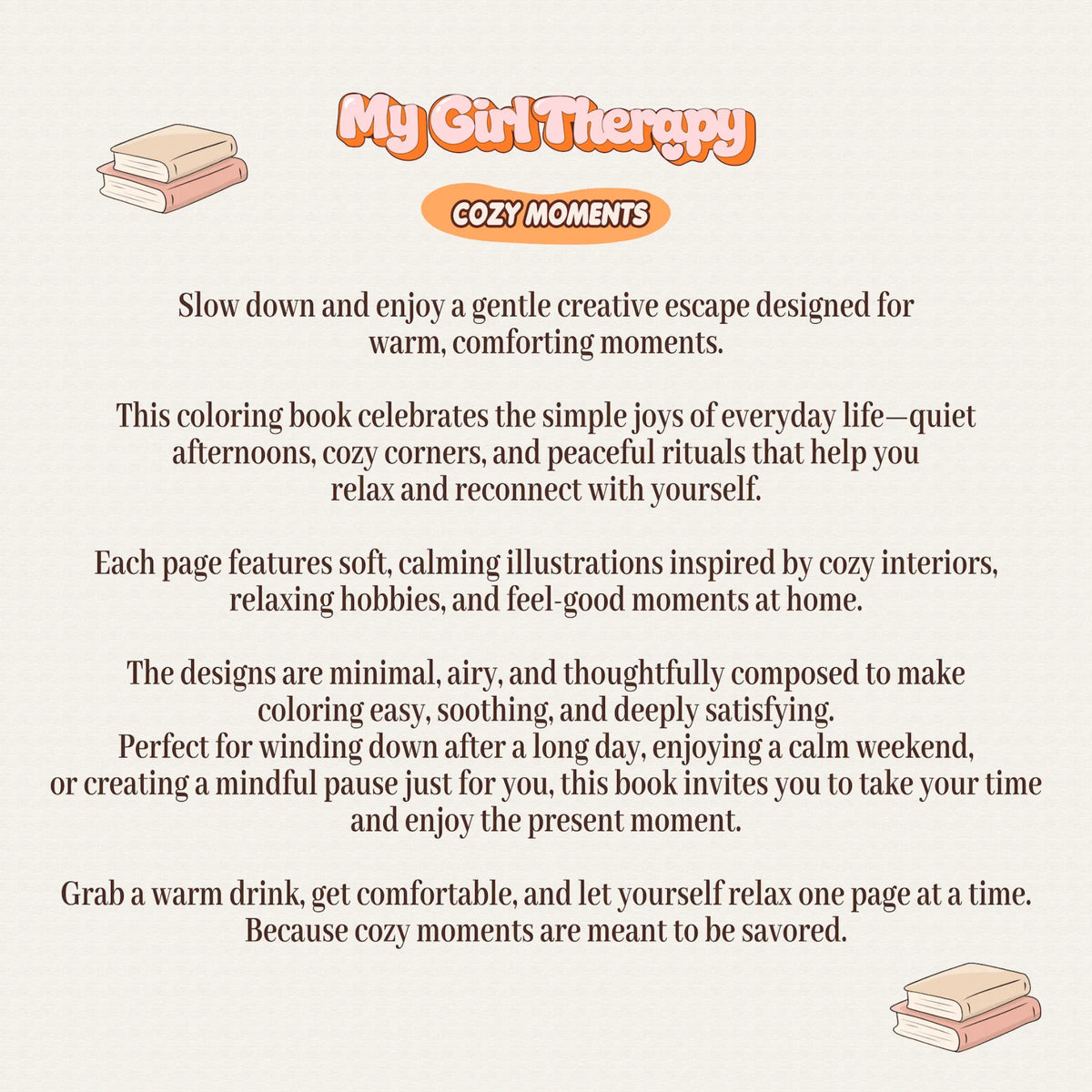 Back cover of cozy moments coloring book with calming and aesthetic design