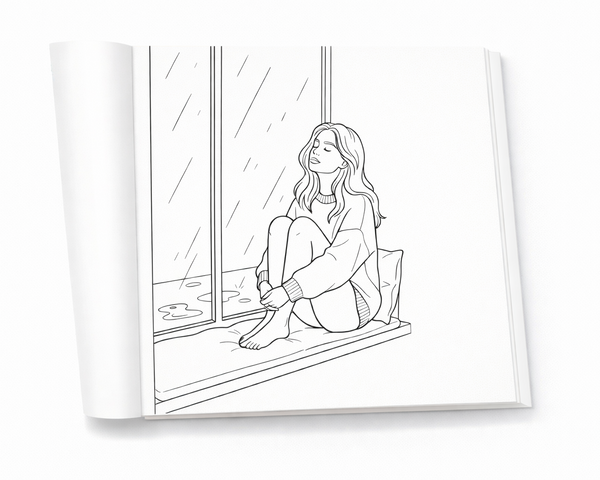 Open coloring book pages showing cozy moments for relaxation and calm
