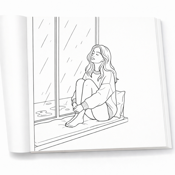 Open coloring book pages showing cozy moments for relaxation and calm