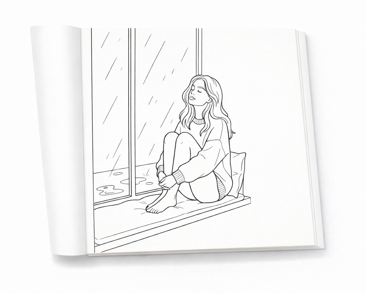 Open coloring book pages showing cozy moments for relaxation and calm