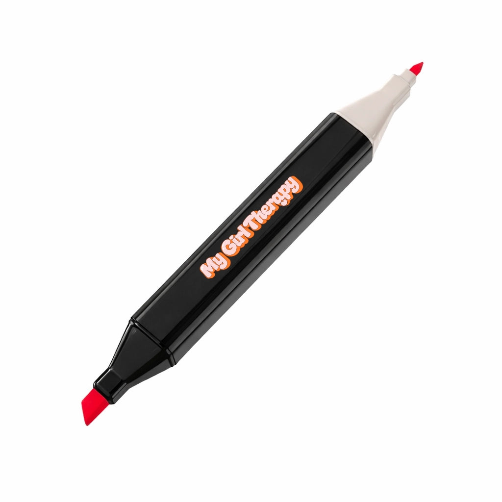 Close up of dual tip acrylic markers showing fine tip and brush tip for detailed coloring and smooth fills