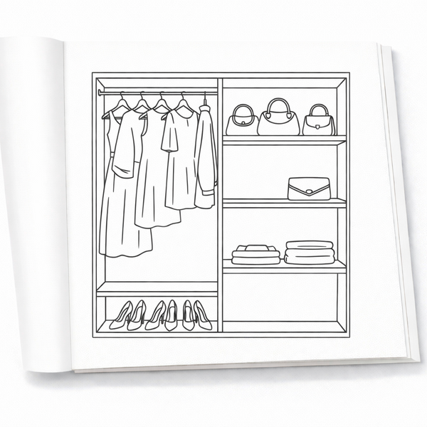 Open fashion coloring book pages with minimalist outfits and accessories