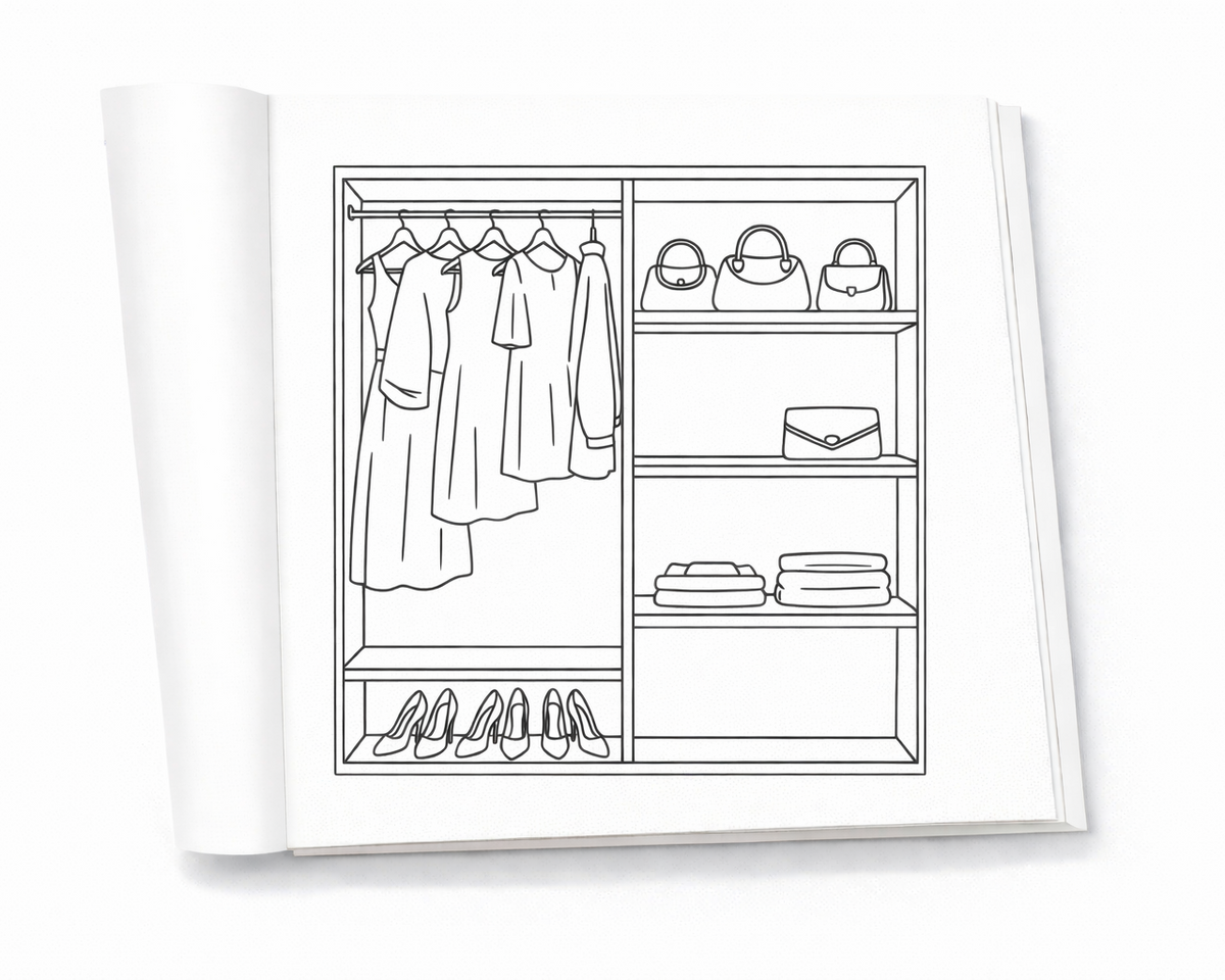 Open fashion coloring book pages with minimalist outfits and accessories