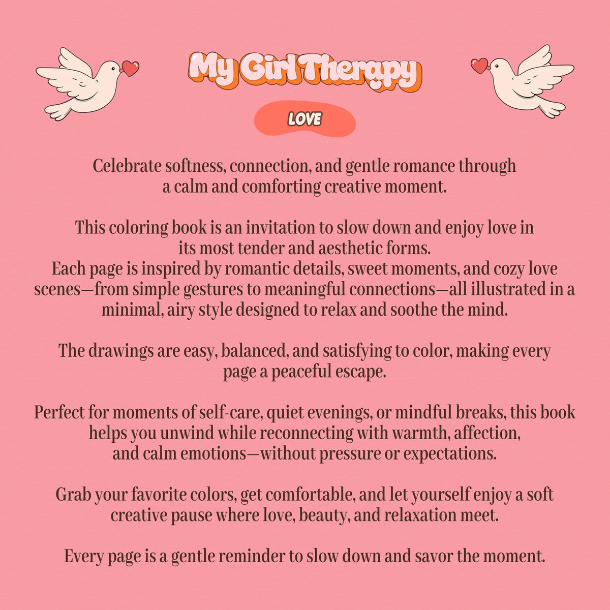 Back cover of love themed coloring book inspired by softness and calm emotions
