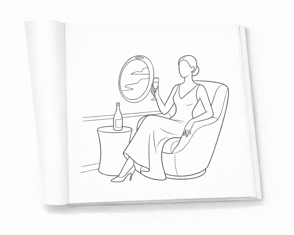 Open luxury coloring book pages with elegant lifestyle illustrations