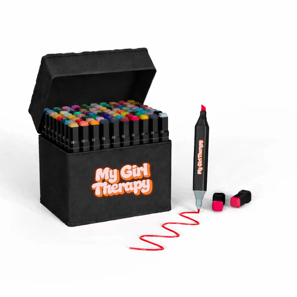 Open box of 80 dual tip acrylic markers by My Girl Therapy in organized case with vibrant pastel colors