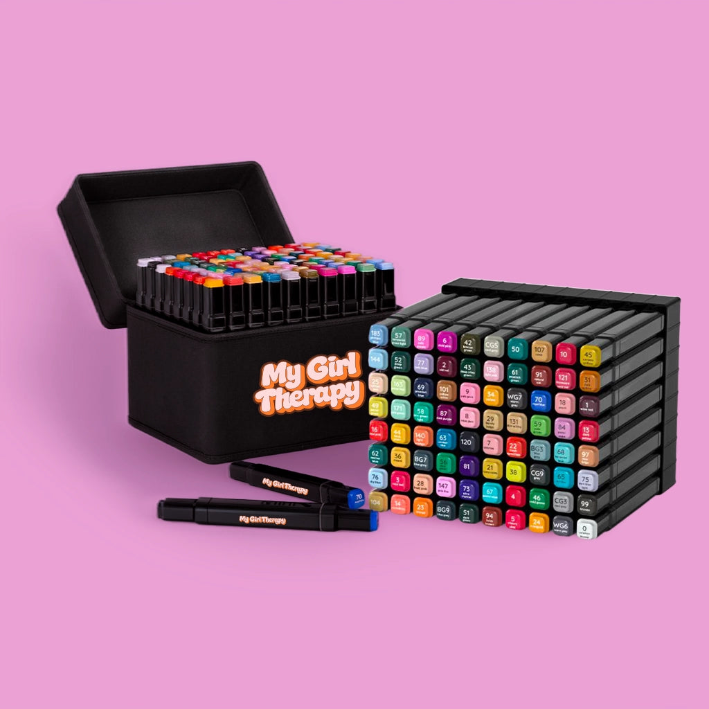 Black zippered carrying case holding 80 dual tip acrylic markers for easy storage and travel