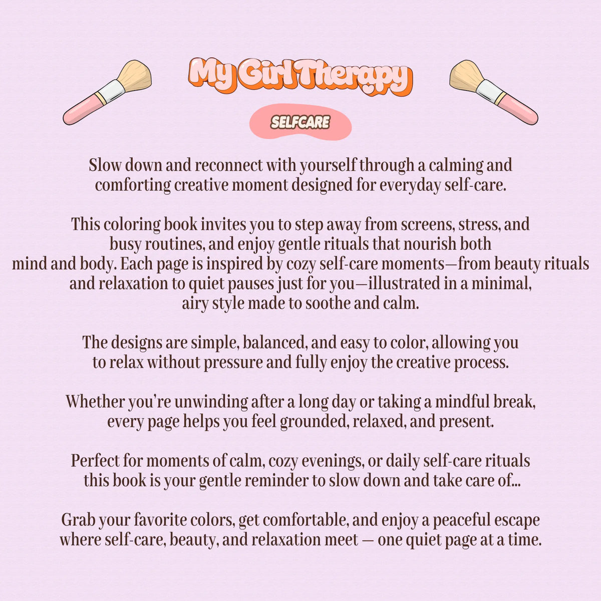 Back cover of self care coloring book focused on relaxation and wellness