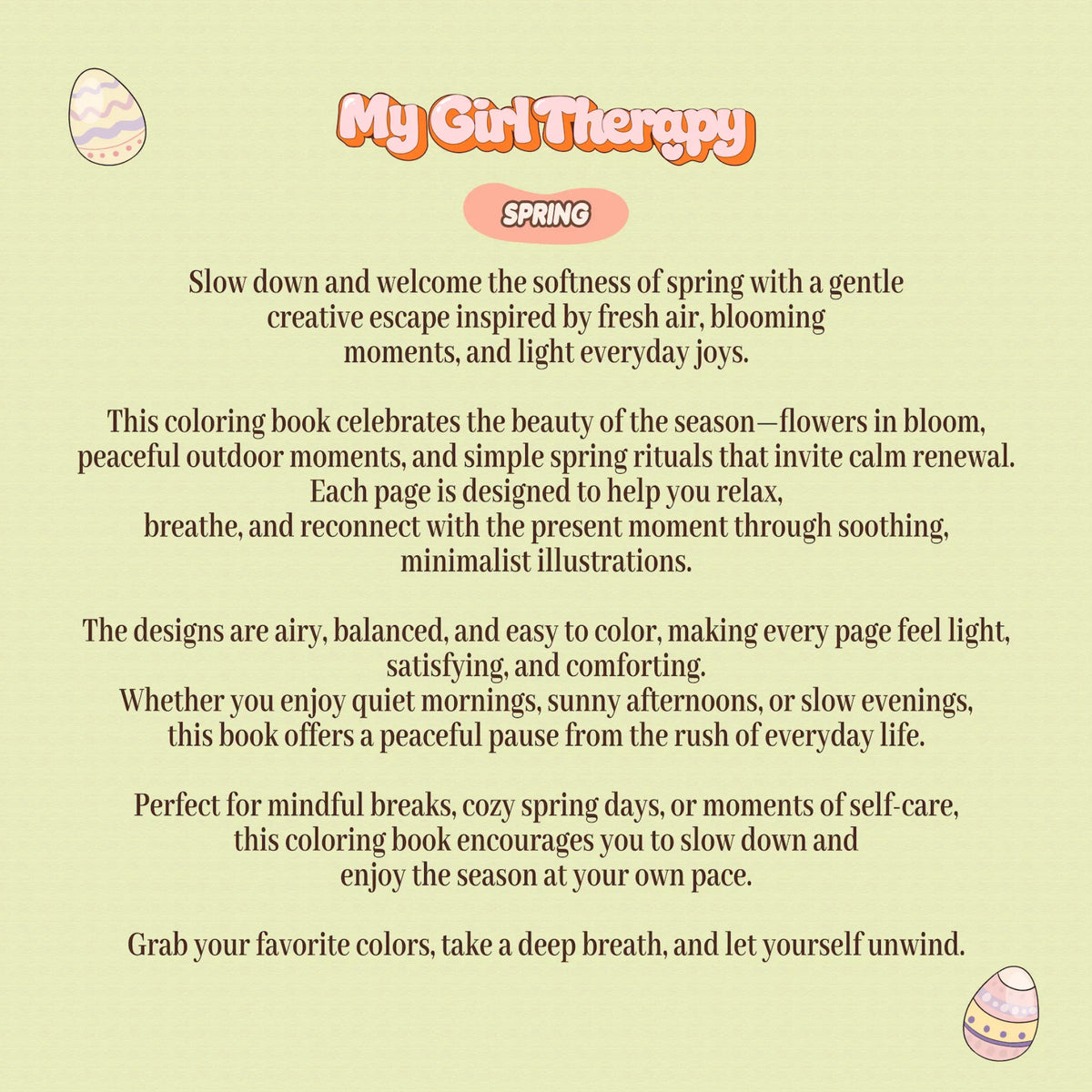 Back cover of spring coloring book inspired by peaceful seasonal moments