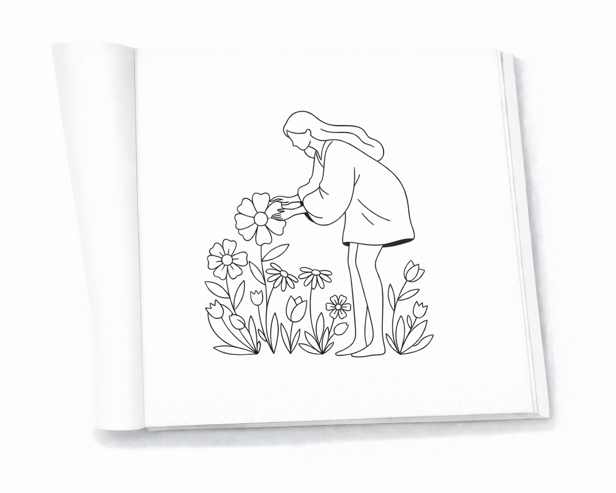 Open spring coloring book pages inspired by flowers and peaceful moments